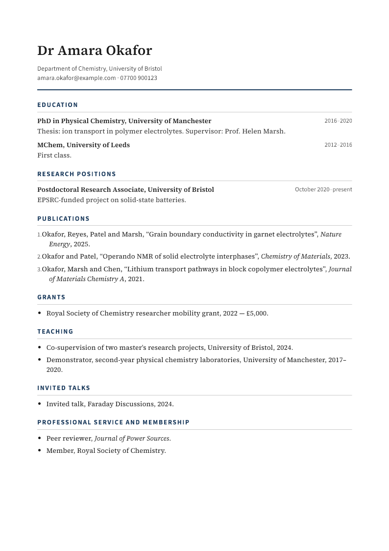 Academic CV, page 1: Postdoc applying for a lectureship, Bristol — publications and grants