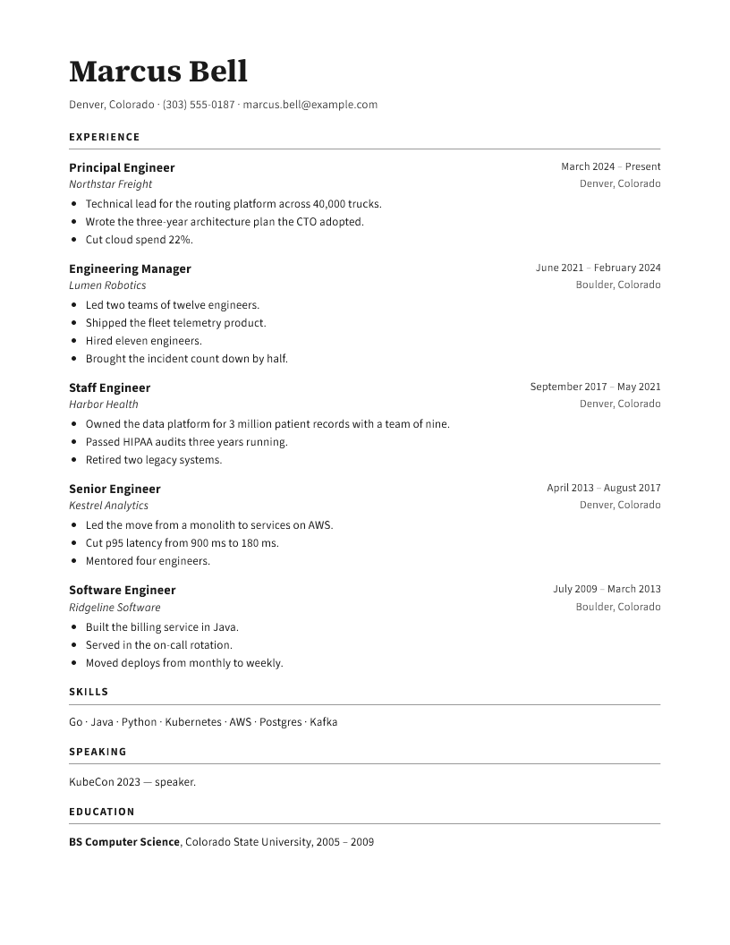 Résumé, page 1: Principal engineer, Denver — five employers, every one kept
