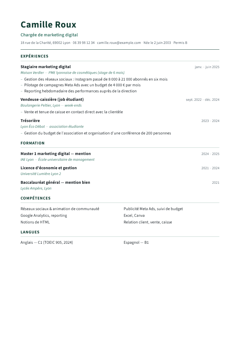 CV, page 1: First job after a master's, Lyon — one internship, one student job